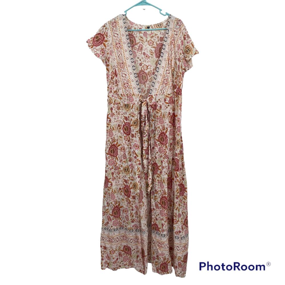 Unbranded Floral V-Neck Tie Open Front Coverup Maxi Dress Pink Size Medium